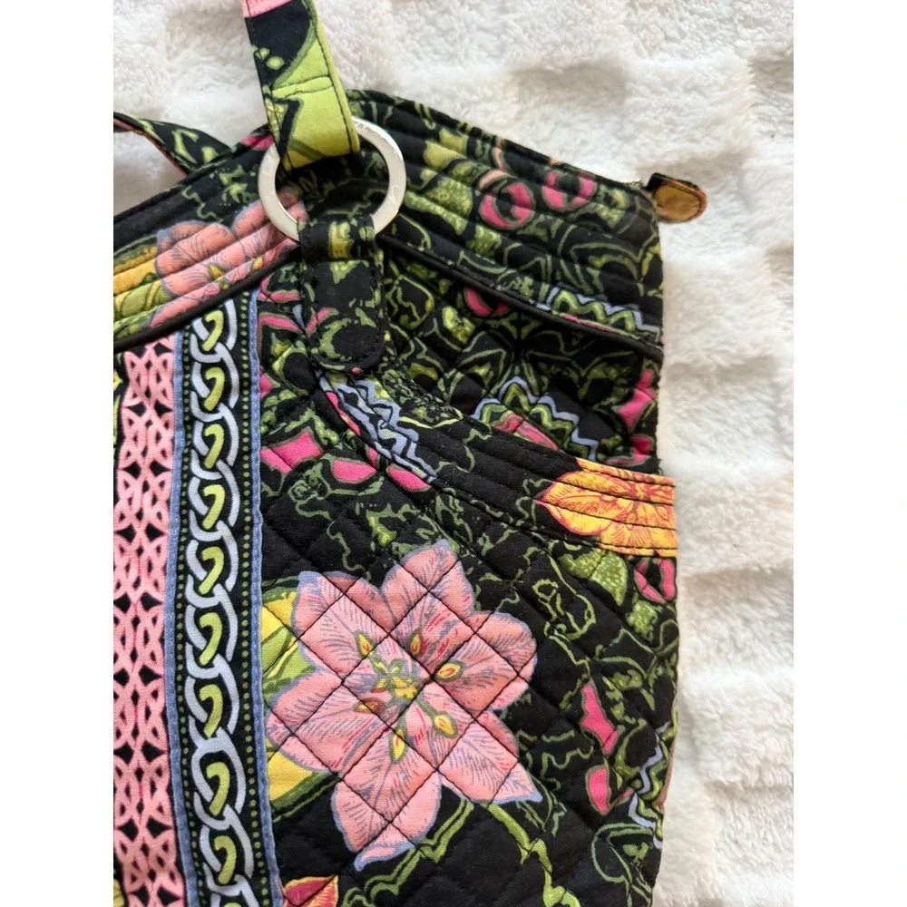Marie by Giftcraft Quilted Floral Tote Bag Black/Pink/Green Shoulder Bag LG EUC